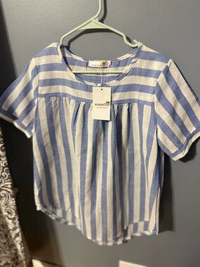 NWT Mokingtop Women's Blue & White Striped Short Sleeve Blouse